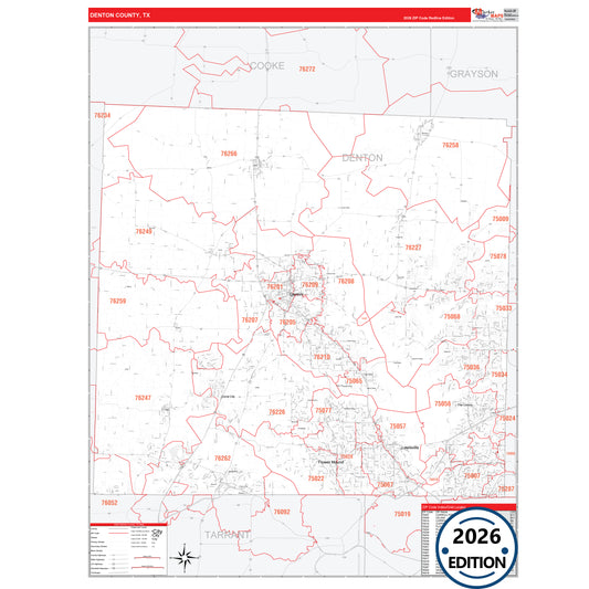 Denton County, TX Red Line 5 Digit ZIP Code Wall Map