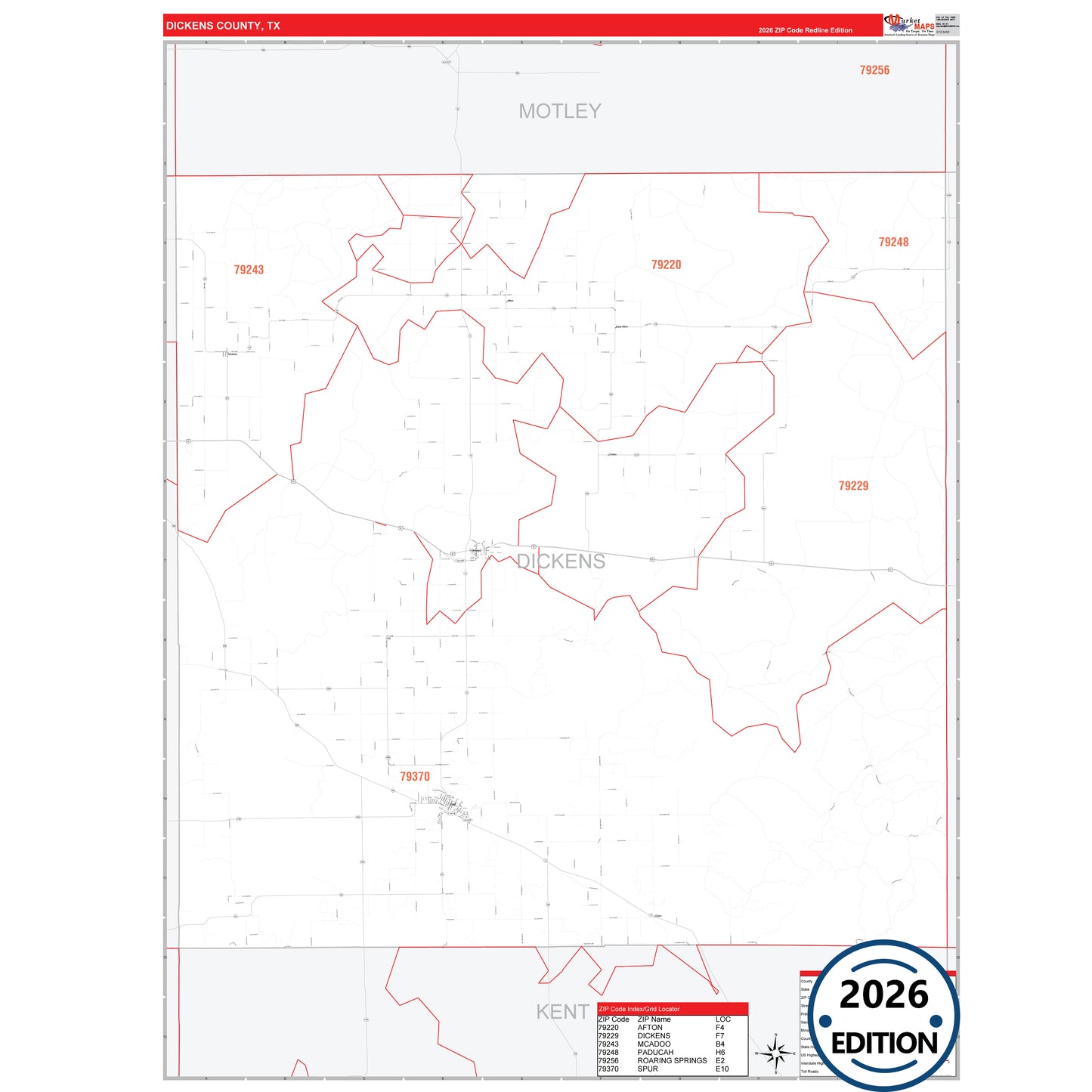 Dickens County, TX Red Line 5 Digit ZIP Code Wall Map