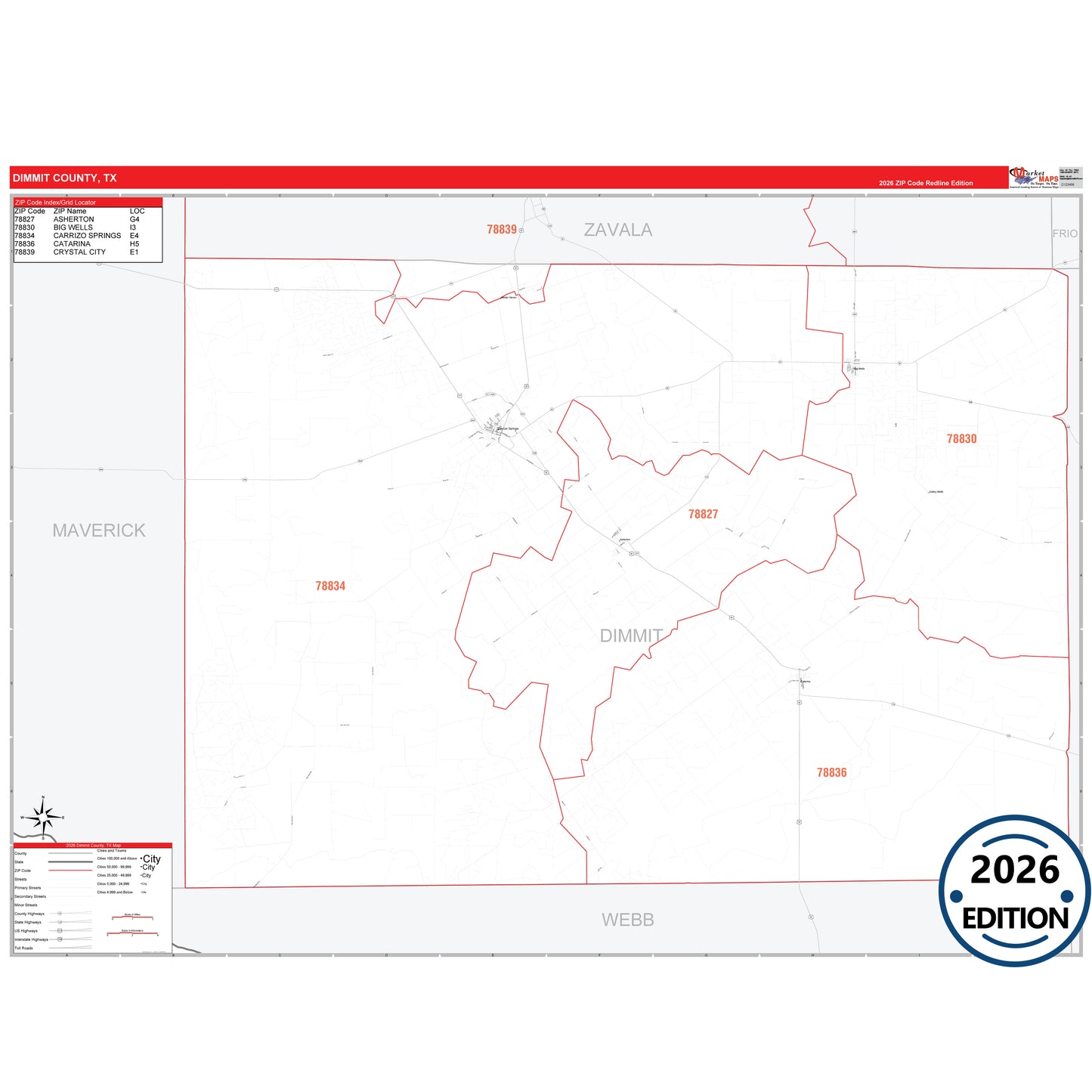Dimmit County, TX Red Line 5 Digit ZIP Code Wall Map