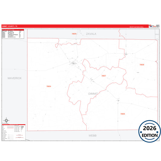 Dimmit County, TX Red Line 5 Digit ZIP Code Wall Map