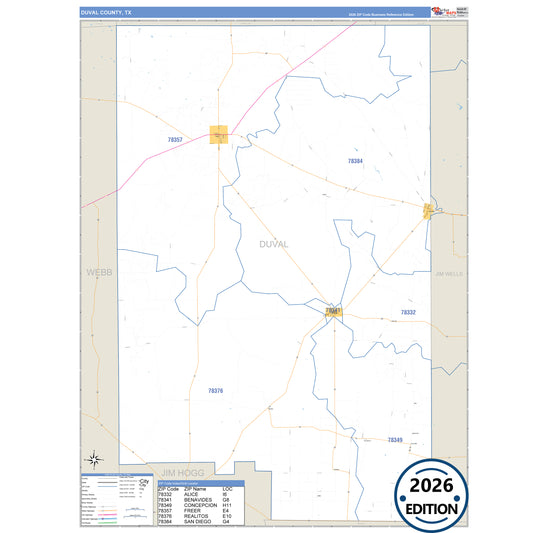 Duval County, TX Business Reference 5 Digit ZIP Code Wall Map