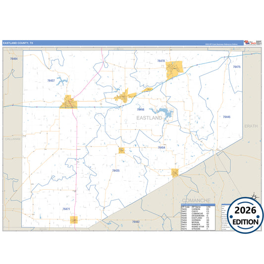Eastland County, TX Business Reference 5 Digit ZIP Code Wall Map