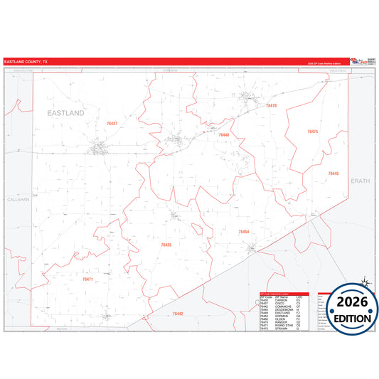 Eastland County, TX Red Line 5 Digit ZIP Code Wall Map