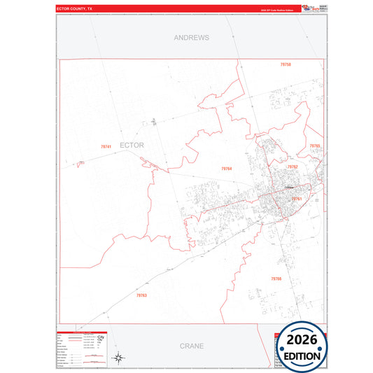 Ector County, TX Red Line 5 Digit ZIP Code Wall Map