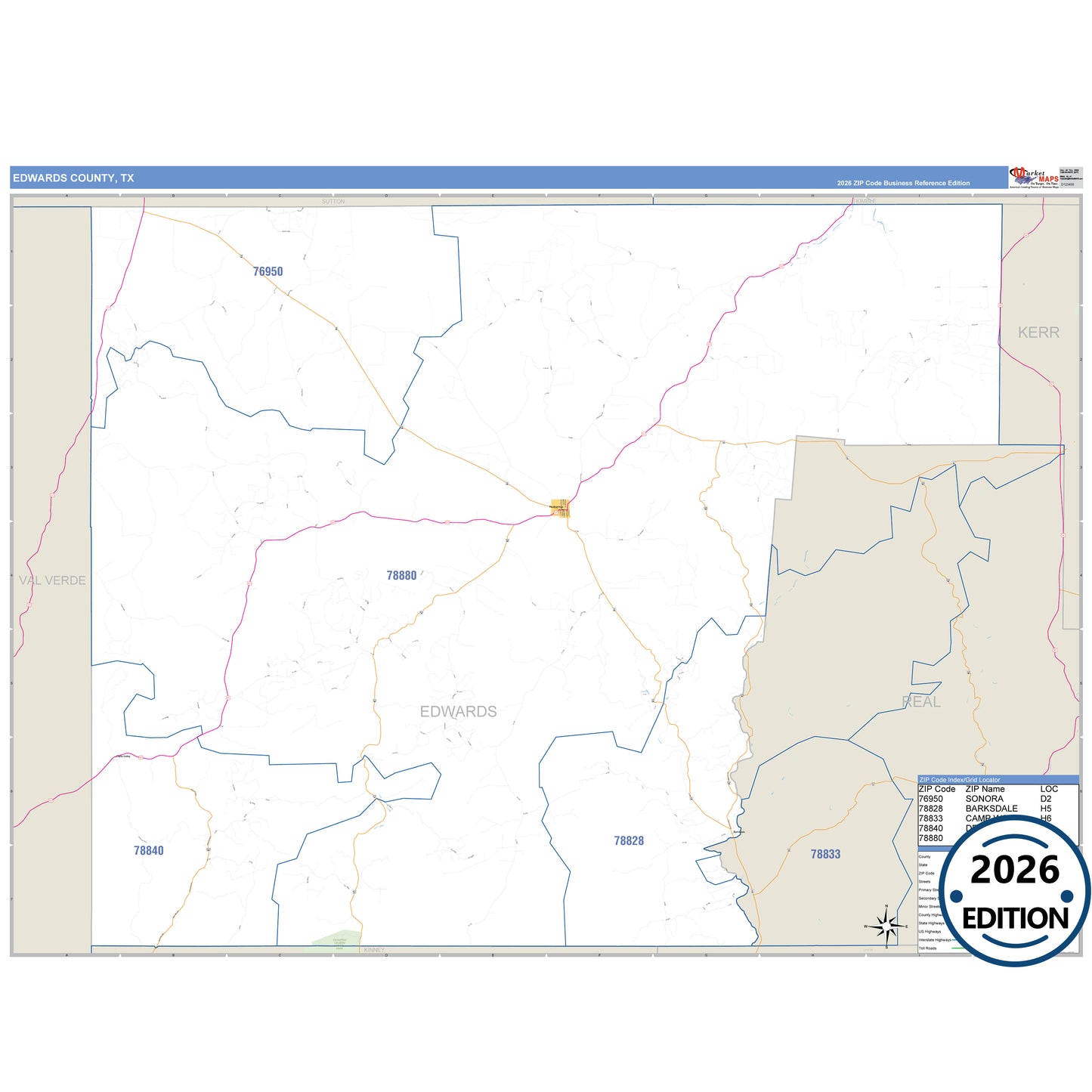 Edwards County, TX Business Reference 5 Digit ZIP Code Wall Map