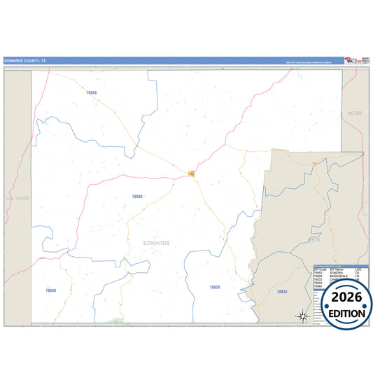 Edwards County, TX Business Reference 5 Digit ZIP Code Wall Map