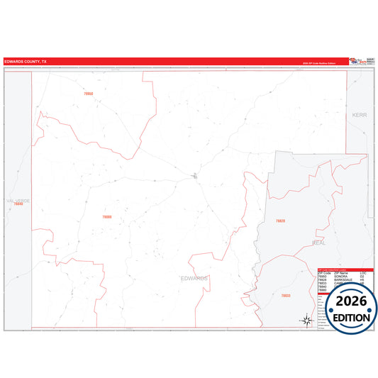 Edwards County, TX Red Line 5 Digit ZIP Code Wall Map