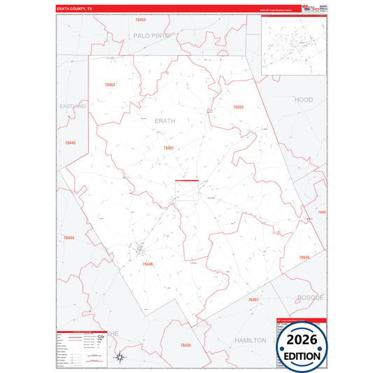 Erath County, TX Red Line 5 Digit ZIP Code Wall Map