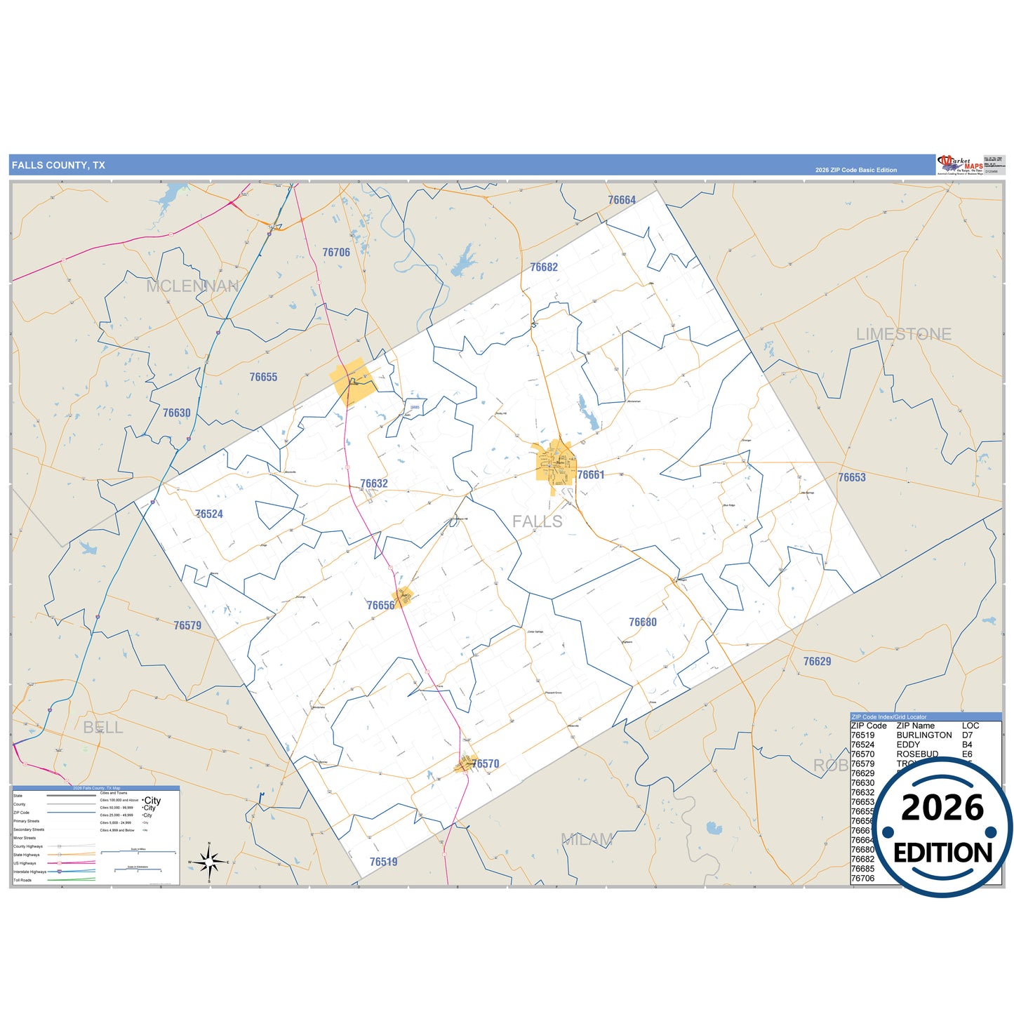 Falls County, TX Business Reference 5 Digit ZIP Code Wall Map