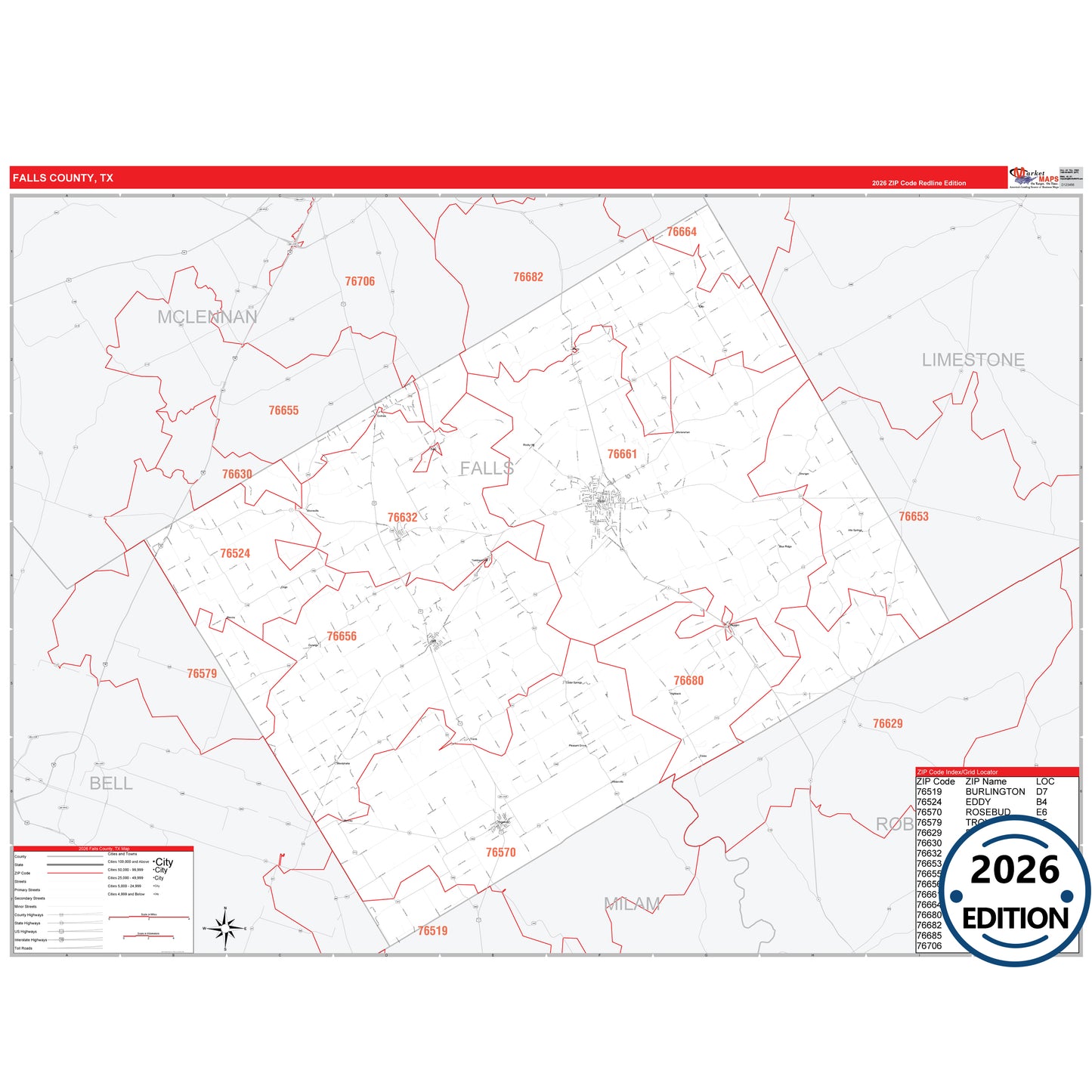 Falls County, TX Red Line 5 Digit ZIP Code Wall Map
