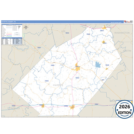 Fayette County, TX Business Reference 5 Digit ZIP Code Wall Map