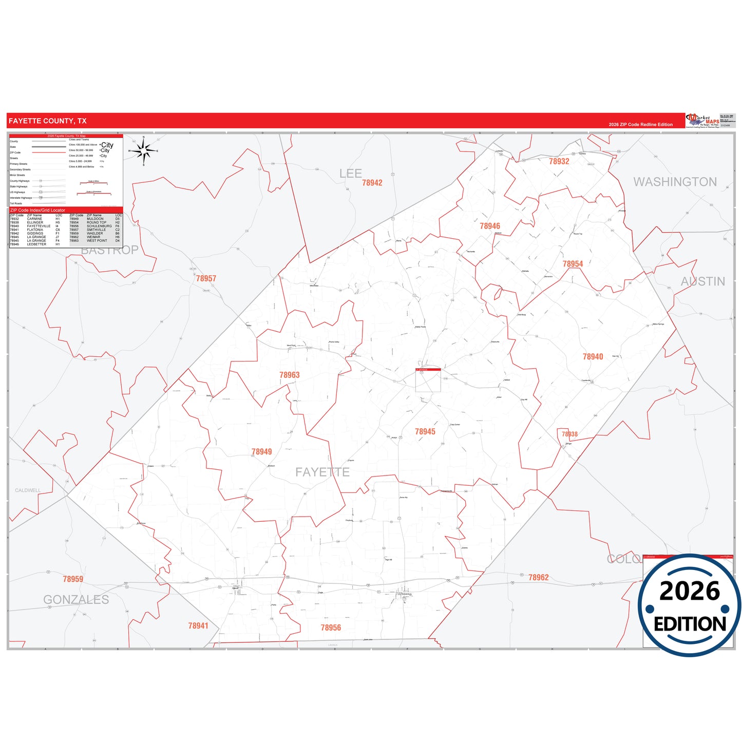Fayette County, TX Red Line 5 Digit ZIP Code Wall Map