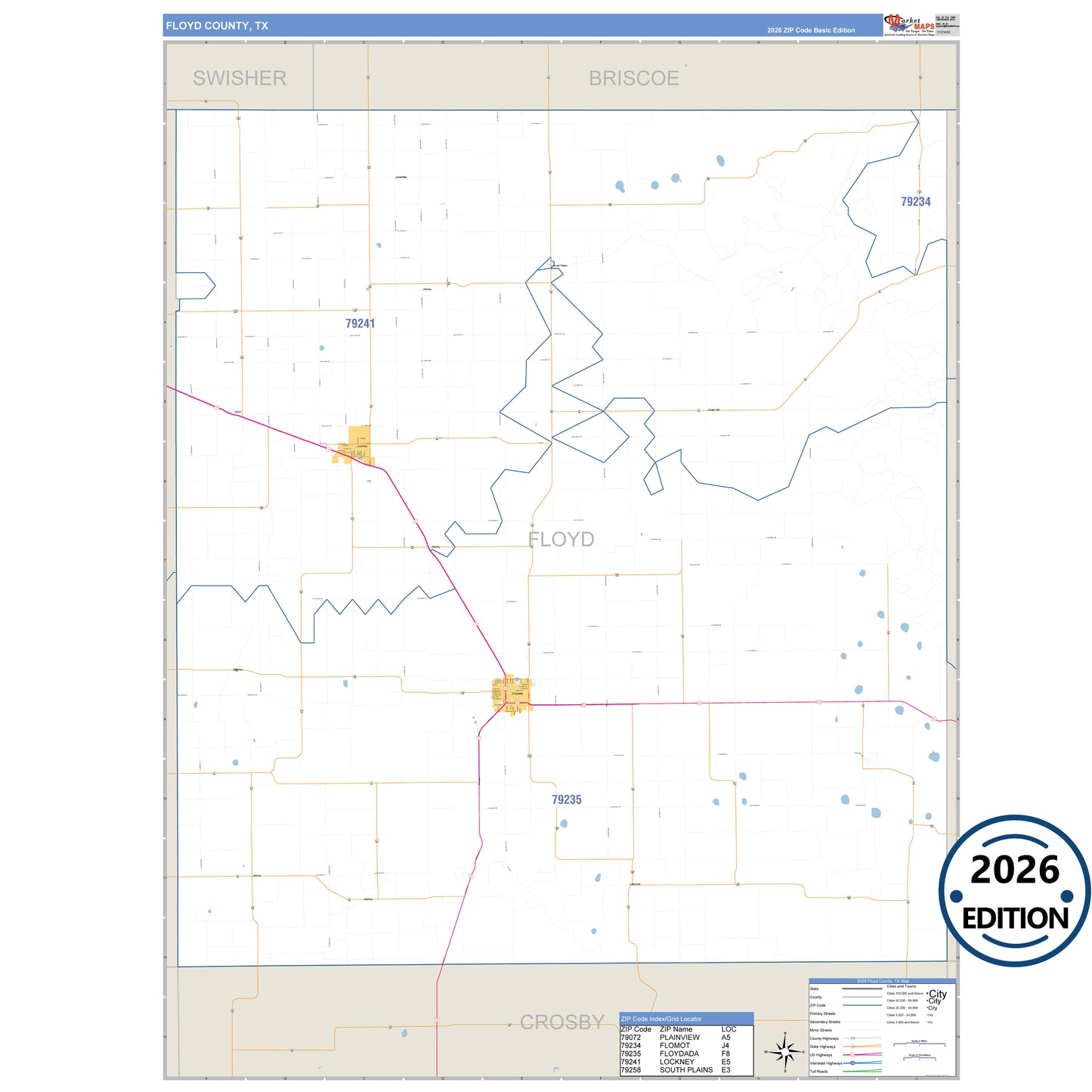Floyd County, TX Business Reference 5 Digit ZIP Code Wall Map