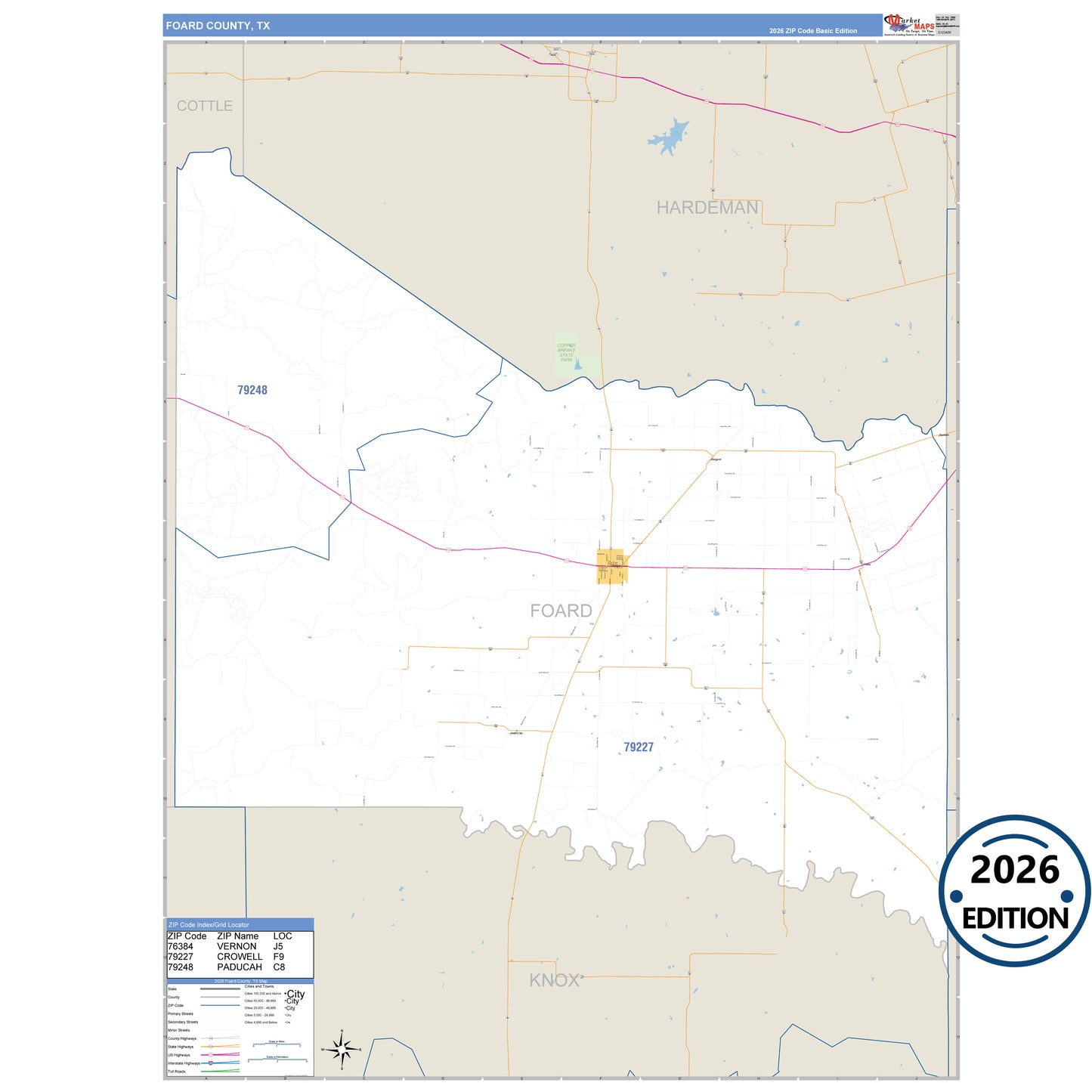 Foard County, TX Business Reference 5 Digit ZIP Code Wall Map
