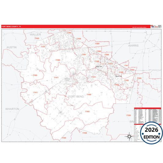 Fort Bend County, TX Red Line 5 Digit ZIP Code Wall Map