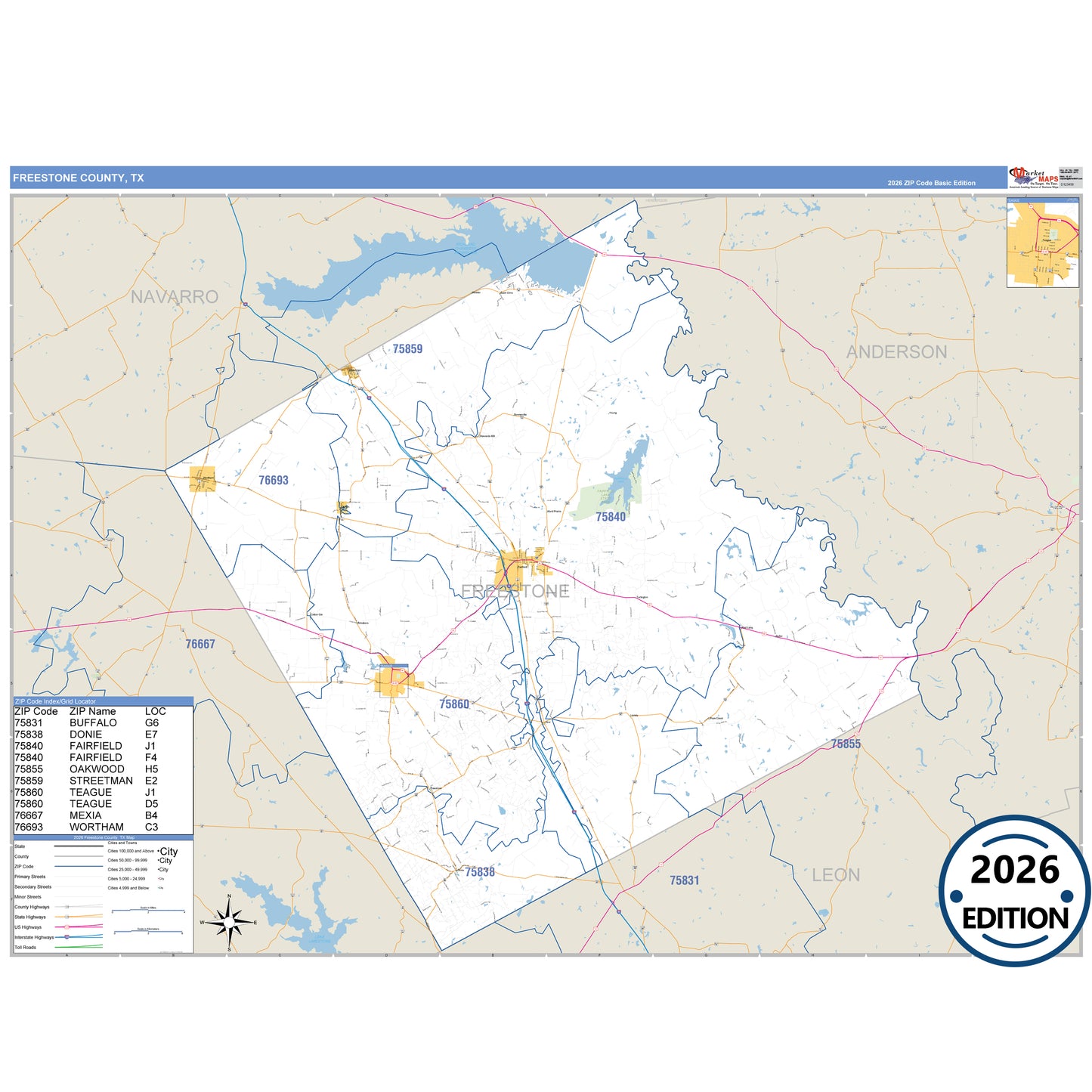 Freestone County, TX Business Reference 5 Digit ZIP Code Wall Map