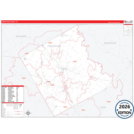 Freestone County, TX Red Line 5 Digit ZIP Code Wall Map