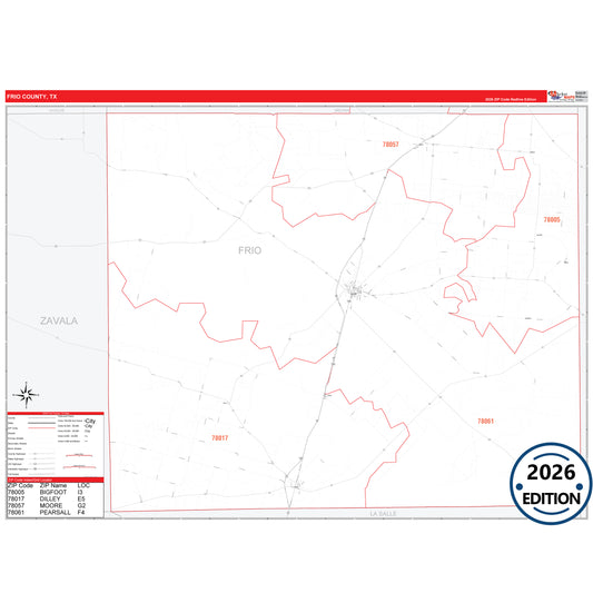 Frio County, TX Red Line 5 Digit ZIP Code Wall Map