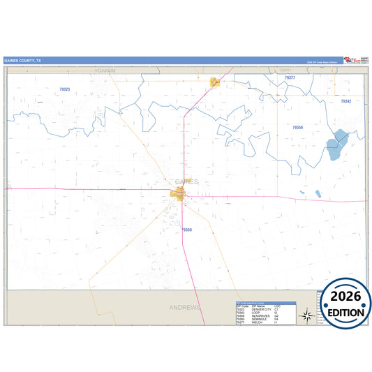 Gaines County, TX Business Reference 5 Digit ZIP Code Wall Map