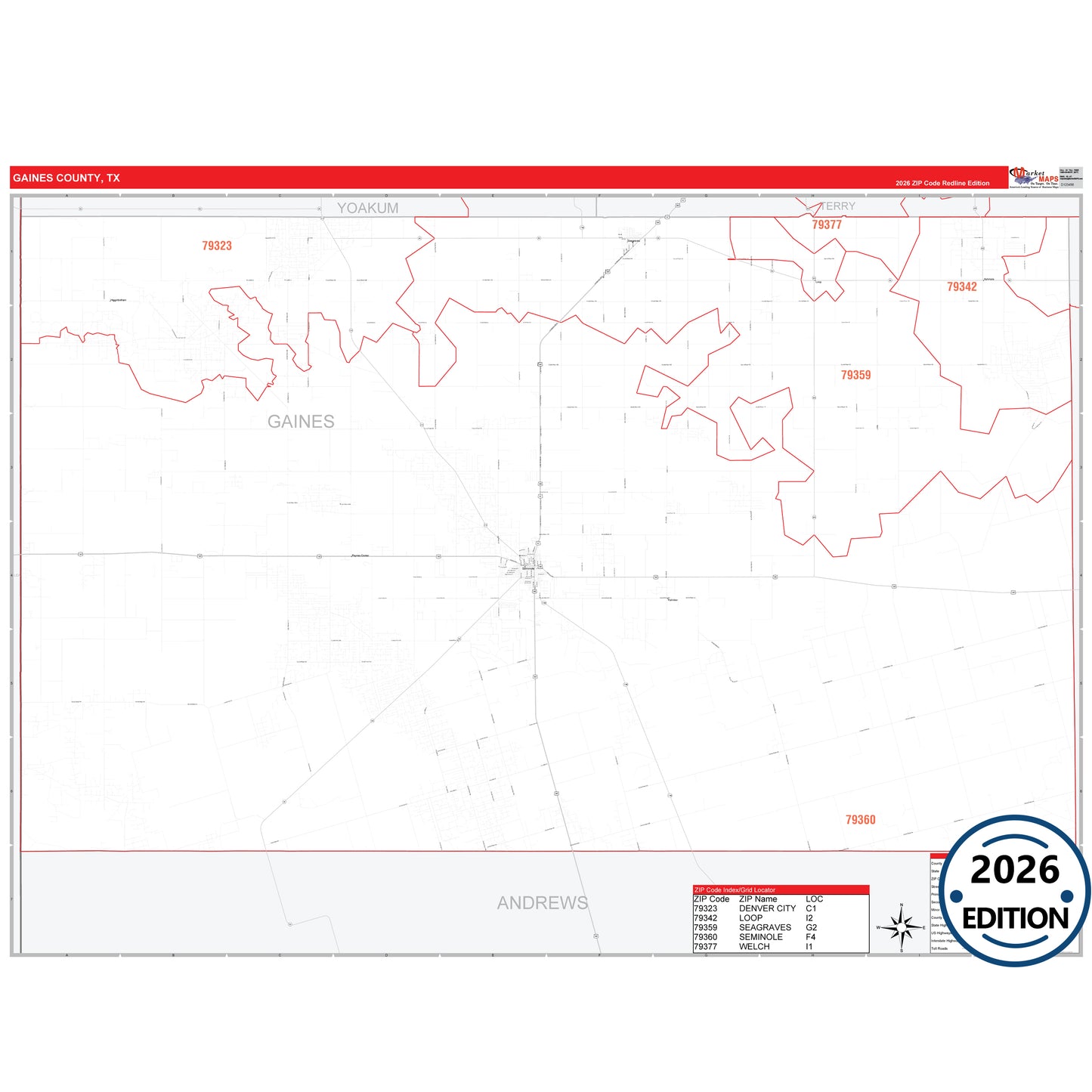 Gaines County, TX Red Line 5 Digit ZIP Code Wall Map