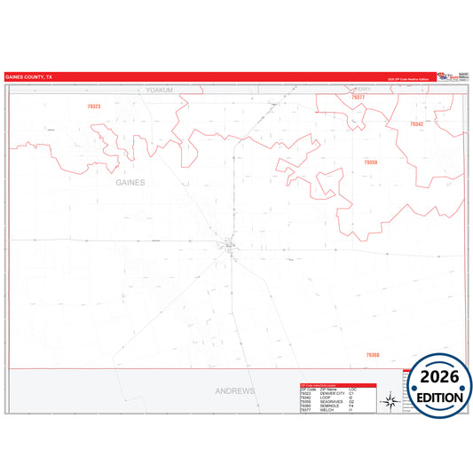 Gaines County, TX Red Line 5 Digit ZIP Code Wall Map