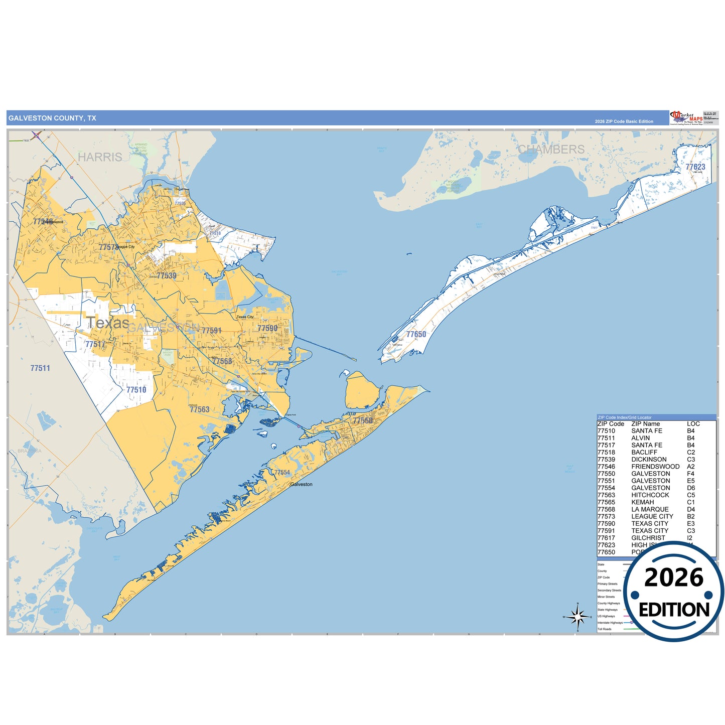 Galveston County, TX Business Reference 5 Digit ZIP Code Wall Map