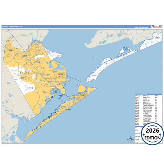 Galveston County, TX Business Reference 5 Digit ZIP Code Wall Map