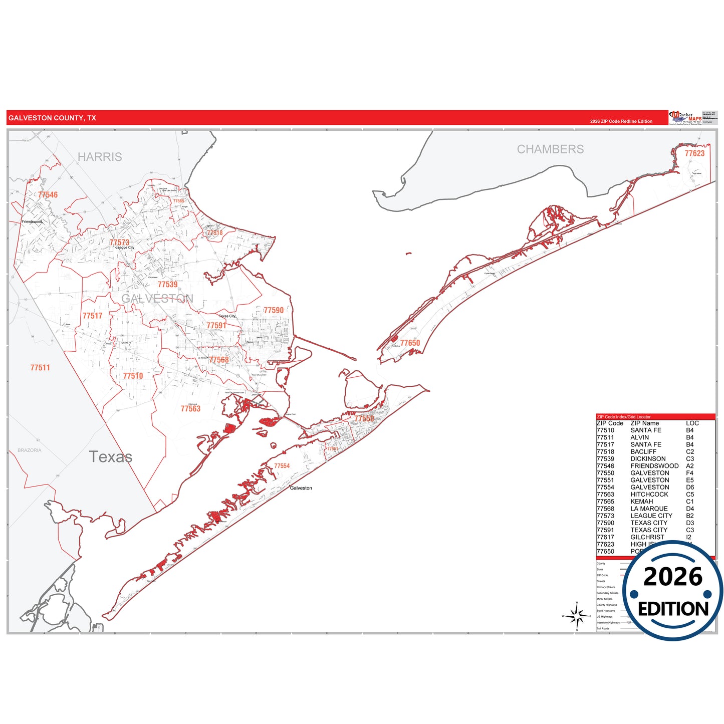 Galveston County, TX Red Line 5 Digit ZIP Code Wall Map