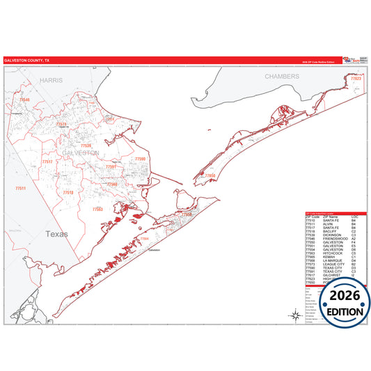 Galveston County, TX Red Line 5 Digit ZIP Code Wall Map