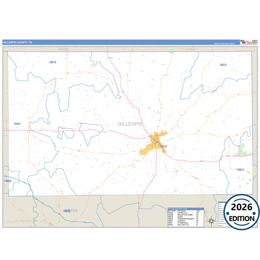 Gillespie County, TX Business Reference 5 Digit ZIP Code Wall Map