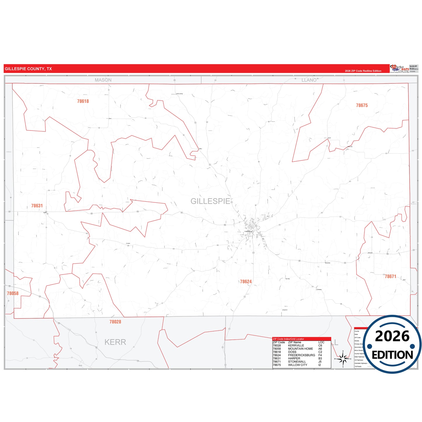 Gillespie County, TX Red Line 5 Digit ZIP Code Wall Map