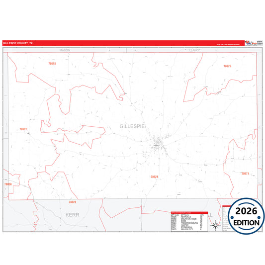 Gillespie County, TX Red Line 5 Digit ZIP Code Wall Map