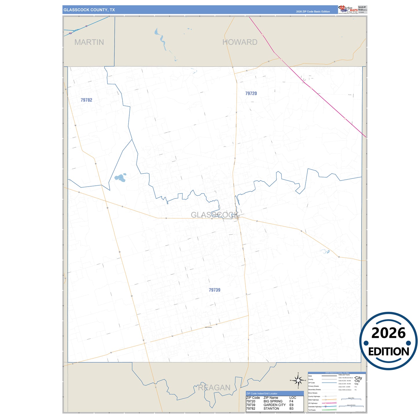 Glasscock County, TX Business Reference 5 Digit ZIP Code Wall Map