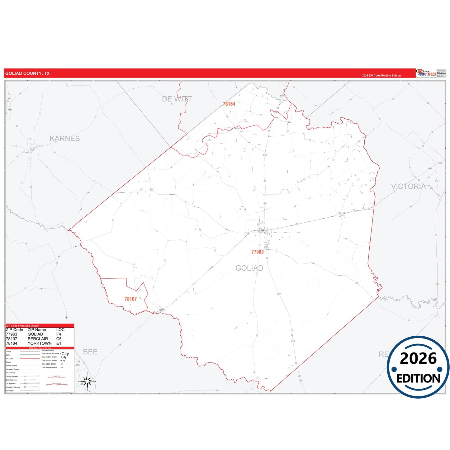 Goliad County, TX Red Line 5 Digit ZIP Code Wall Map