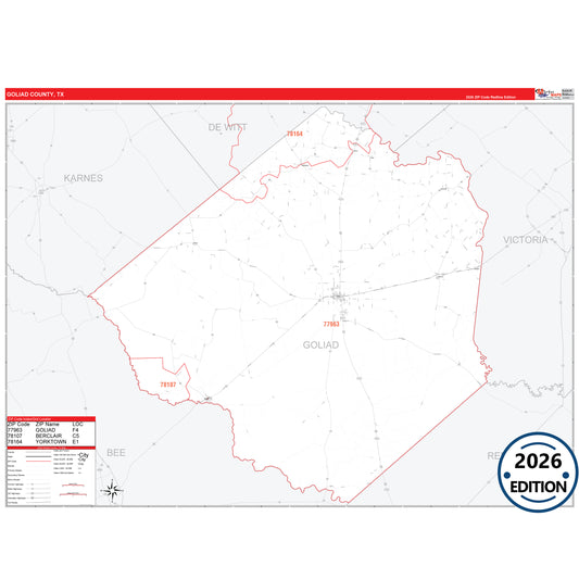 Goliad County, TX Red Line 5 Digit ZIP Code Wall Map