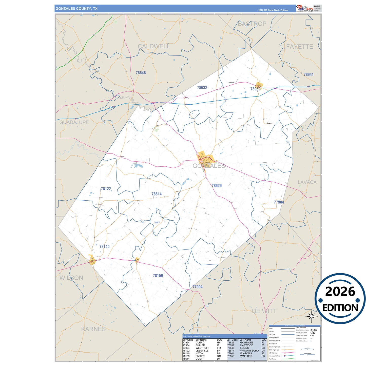 Gonzales County, TX Business Reference 5 Digit ZIP Code Wall Map