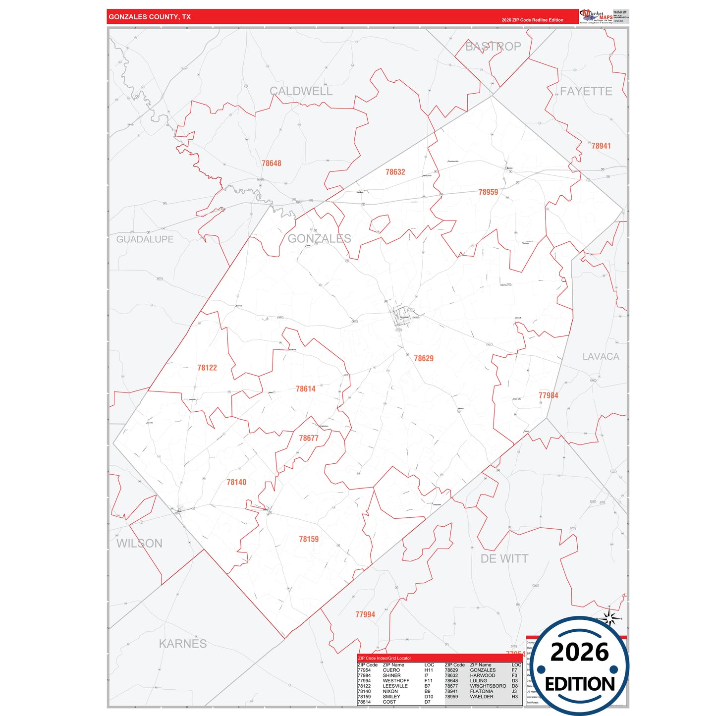 Gonzales County, TX Red Line 5 Digit ZIP Code Wall Map