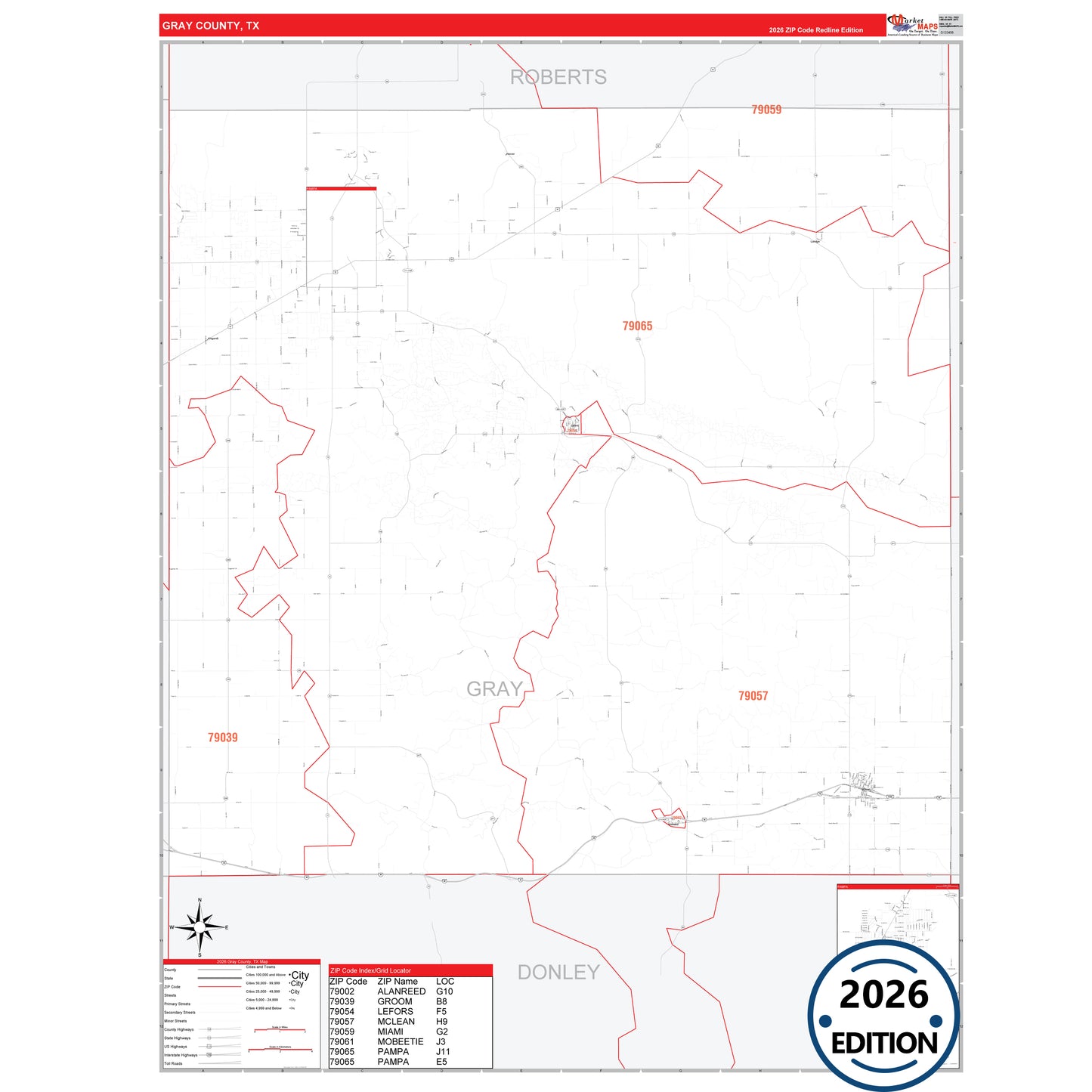 Gray County, TX Red Line 5 Digit ZIP Code Wall Map