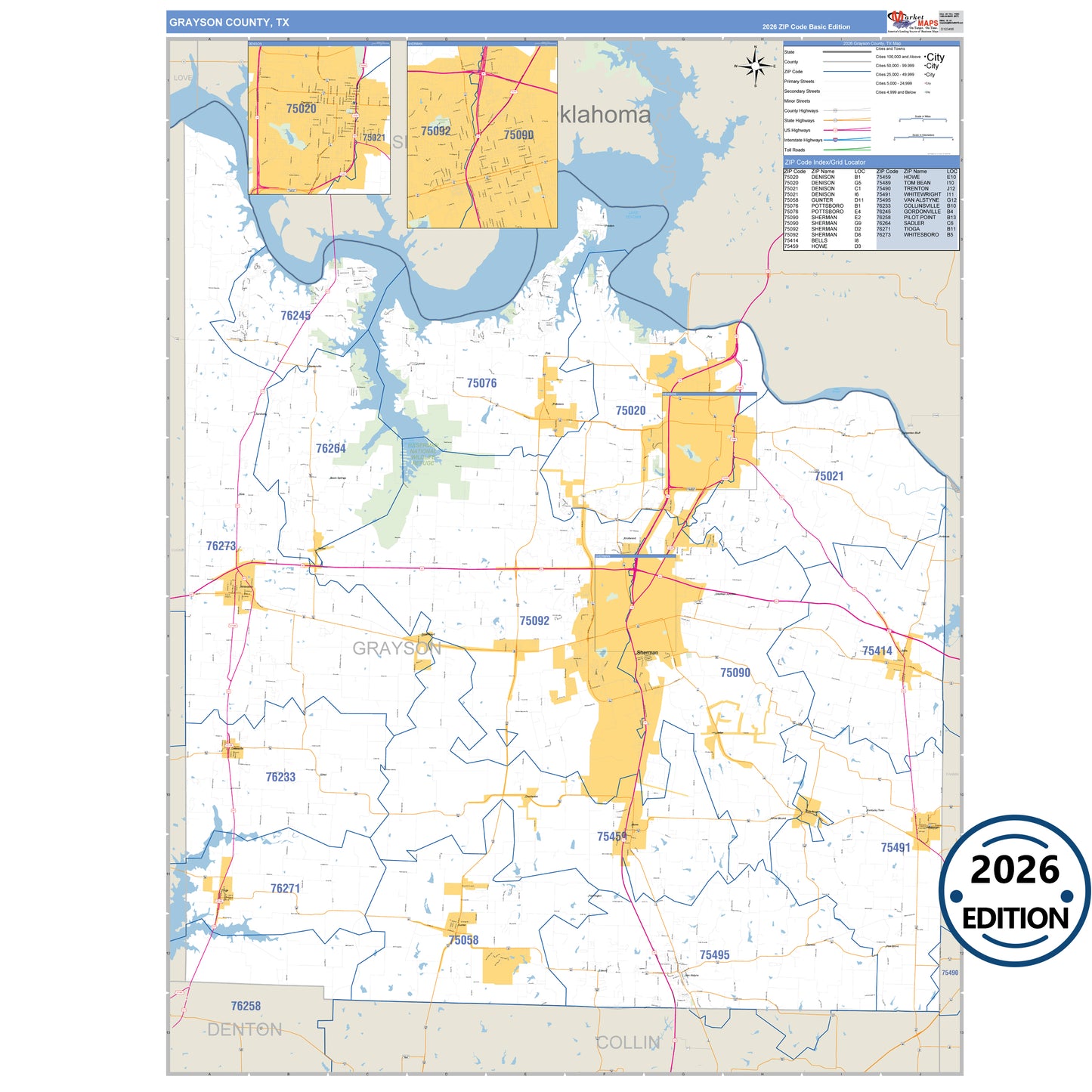 Grayson County, TX Business Reference 5 Digit ZIP Code Wall Map