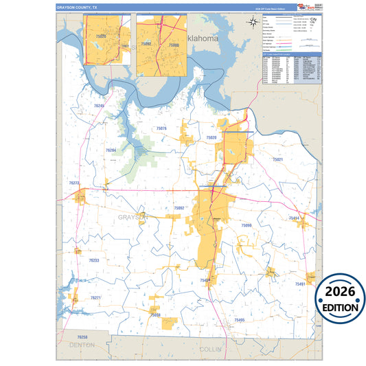 Grayson County, TX Business Reference 5 Digit ZIP Code Wall Map