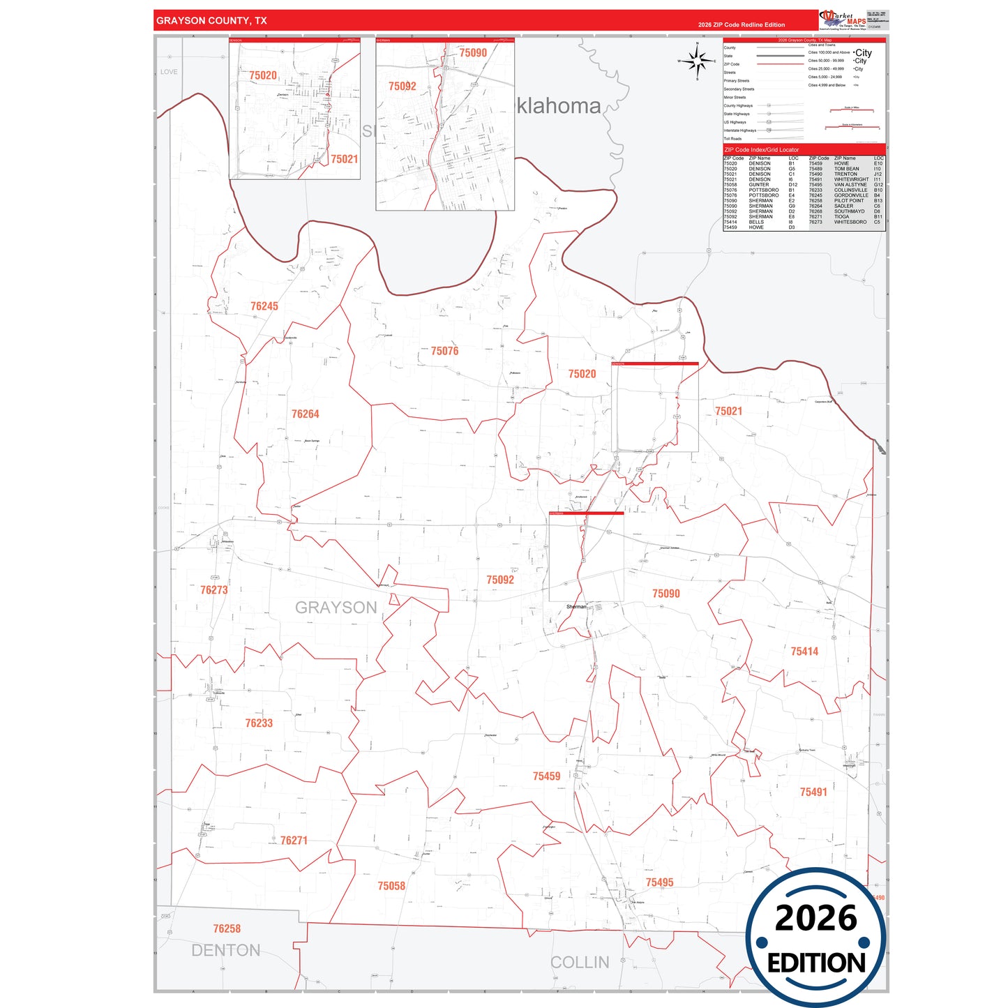 Grayson County, TX Red Line 5 Digit ZIP Code Wall Map