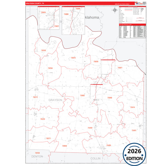 Grayson County, TX Red Line 5 Digit ZIP Code Wall Map