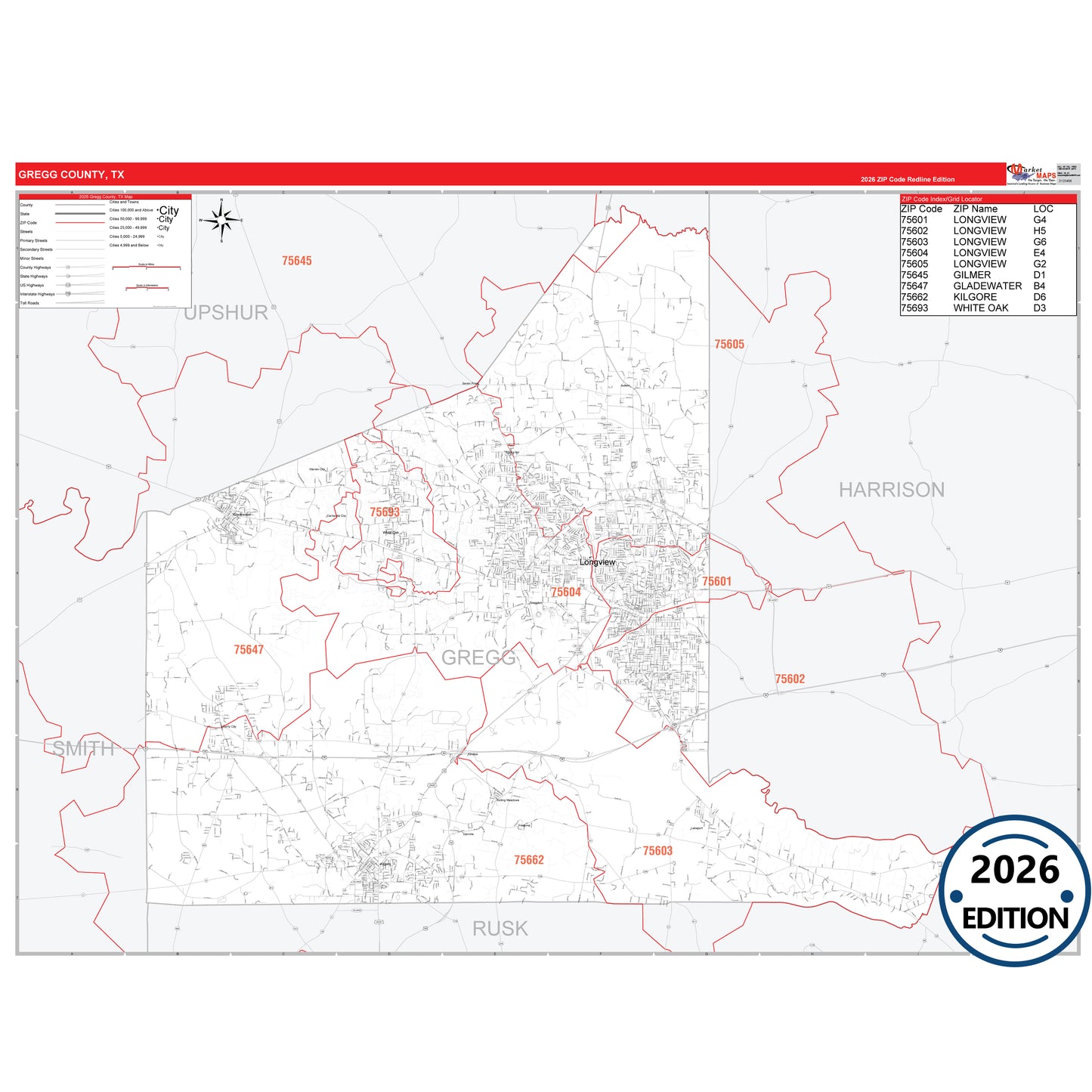 Gregg County, TX Red Line 5 Digit ZIP Code Wall Map