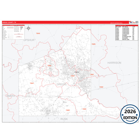 Gregg County, TX Red Line 5 Digit ZIP Code Wall Map