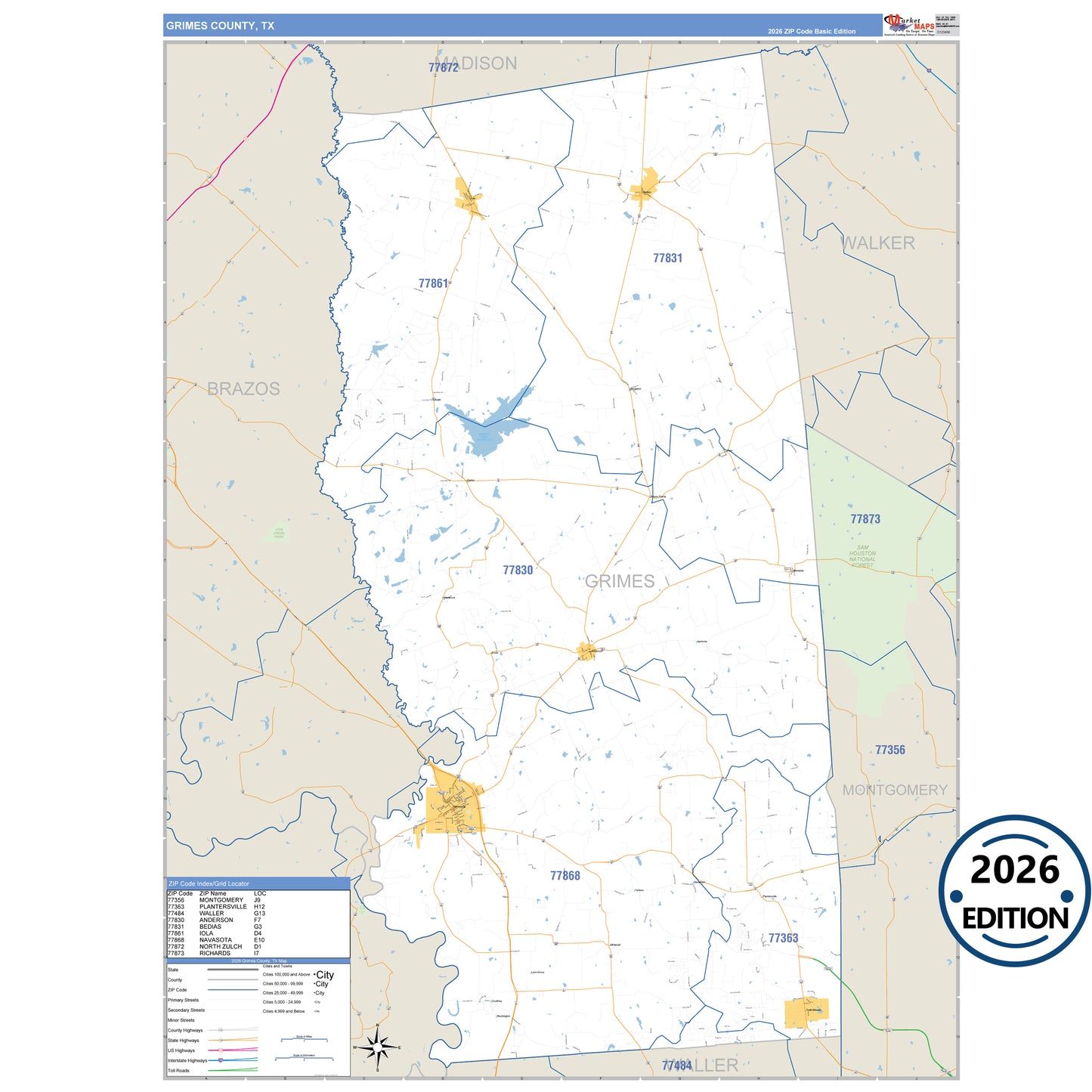 Grimes County, TX Business Reference 5 Digit ZIP Code Wall Map