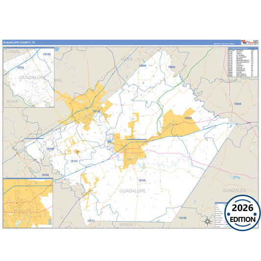 Guadalupe County, TX Business Reference 5 Digit ZIP Code Wall Map