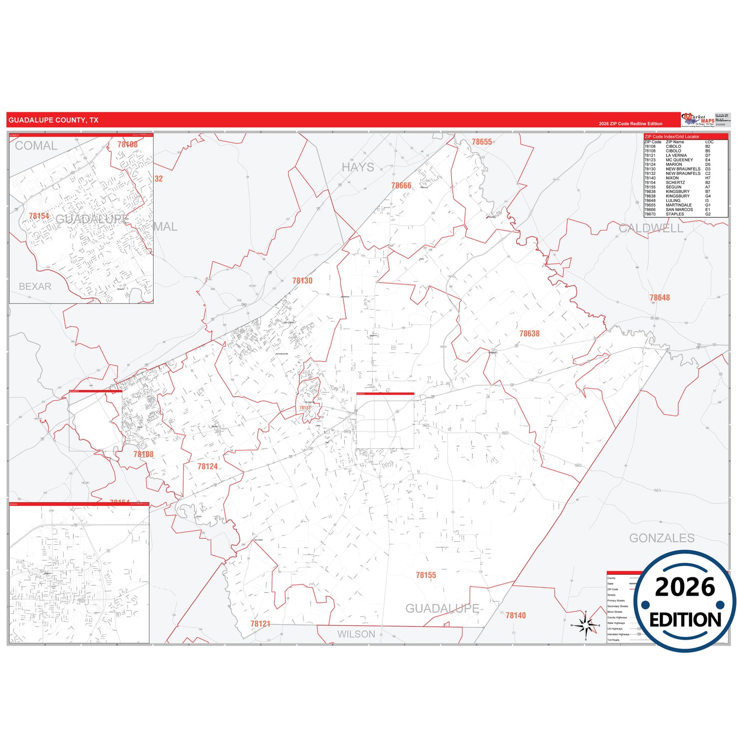 Guadalupe County, TX Red Line 5 Digit ZIP Code Wall Map
