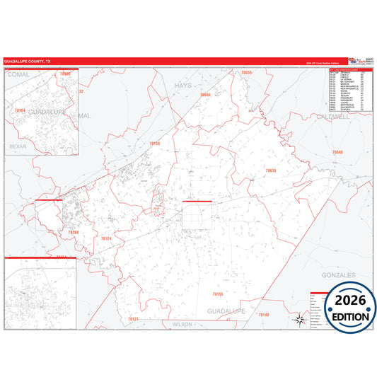 Guadalupe County, TX Red Line 5 Digit ZIP Code Wall Map