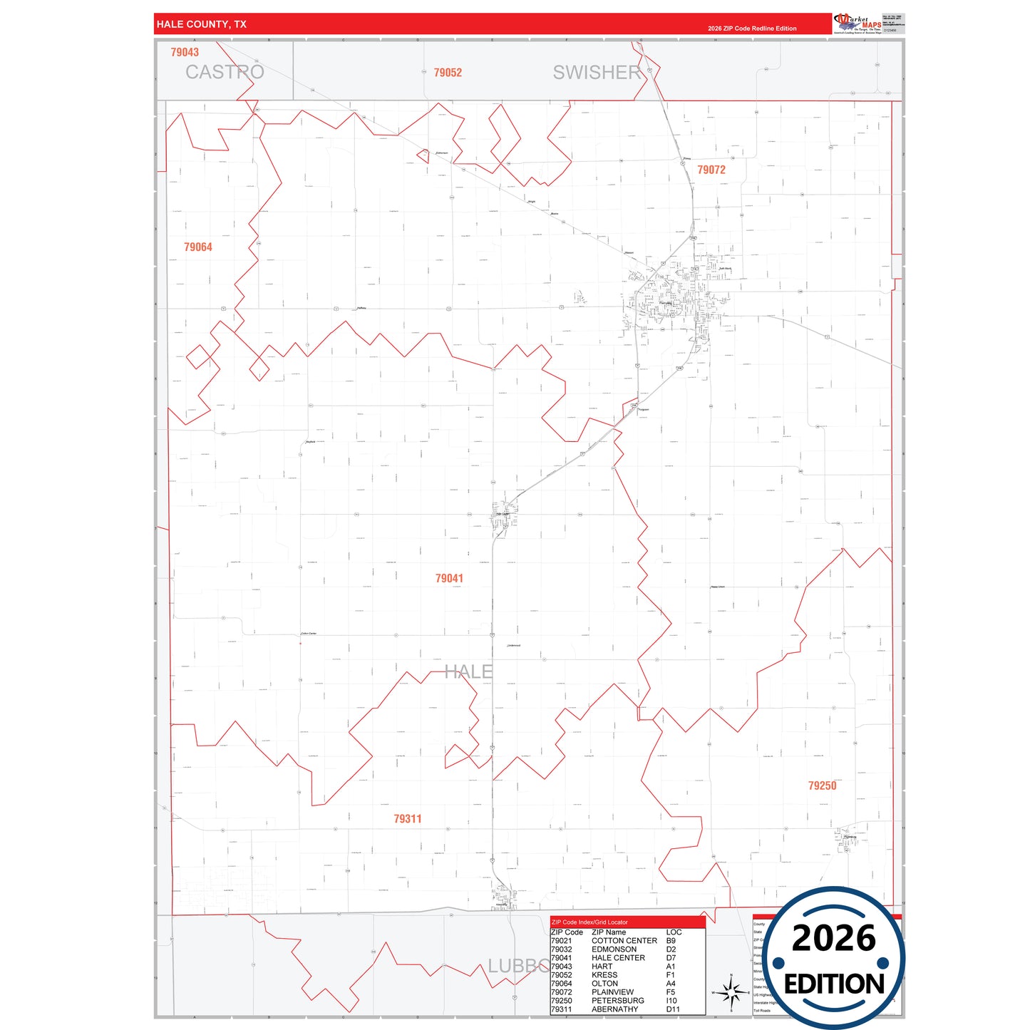 Hale County, TX Red Line 5 Digit ZIP Code Wall Map