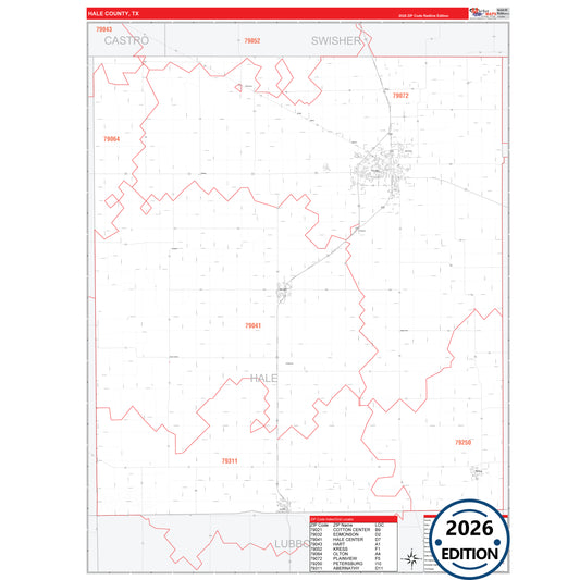 Hale County, TX Red Line 5 Digit ZIP Code Wall Map